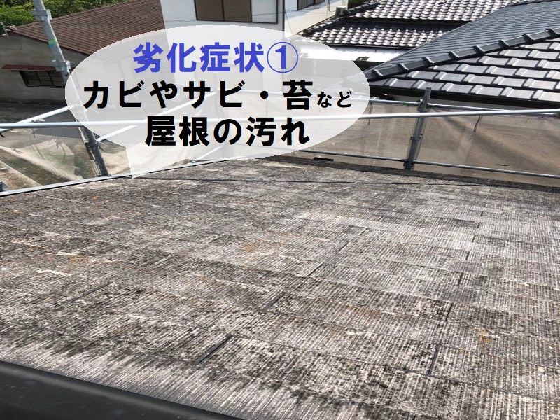 八尾市　カバー工法での屋根修繕前の劣化症状　カビやサビ・苔などの汚れ